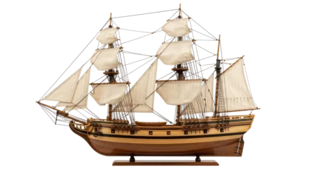 Fototapete Schiff Isolated ship model with sails and rigging standing on a stand on a seamless backdrop  © Sergiu