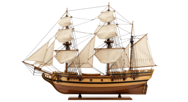 Isolated ship model with sails and rigging standing on a stand on a seamless backdrop
