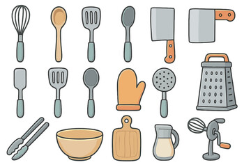 Obraz premium Kitchen utensils icon set for cooking and baking. Vector cartoon illustration of kitchenware tools like whisk, spatula, knife, grater, bowl, and mixer for culinary design.