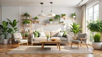 Fototapeta premium Bright living room with sofa and many plants