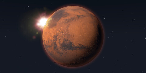 Planet Mars with Sun Flare in Deep Space – 3D Render of the Red Planet in Orbit