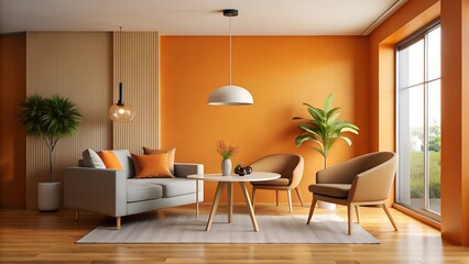 Modern living room with orange walls and sofa