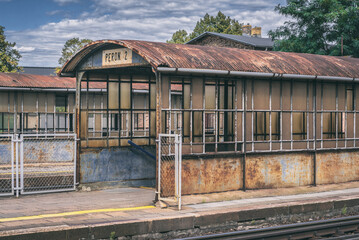 RAILWAY STATION IN ZBASZYN - Very, very old and historic shelter over the stairs to the passage tunnel to the platforms