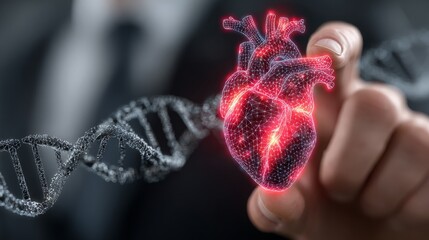 Digital anatomical heart with DNA strand and glowing connections