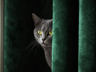 Gray cat behind the curtain, created with Generative AI.