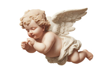 Fototapeta premium Cherubic angel figure: detailed winged statue with golden curls, cut out