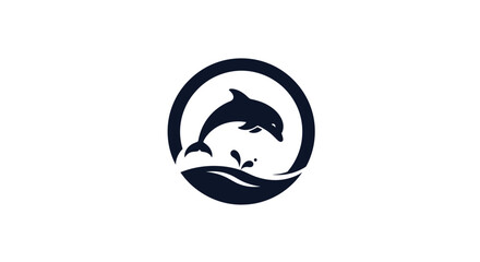Stylized dolphin leaping from waves in a circular graphic emblem.