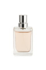 Elegant glass perfume bottle with silver cap showcasing a soft, delicate fragrance