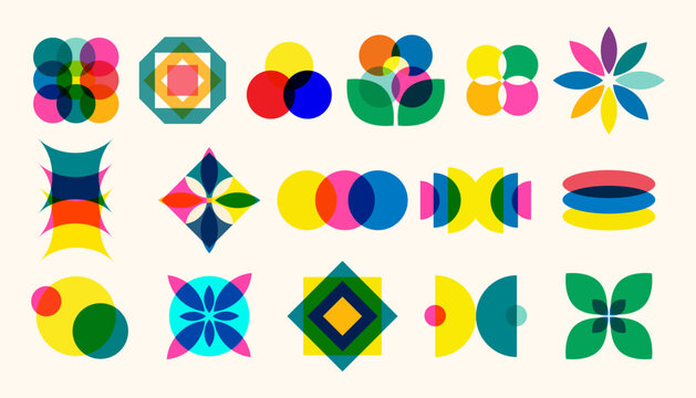 Geometric Shapes in Risograph Style Icon Set. Abstract geometric shapes and floral icons with overlapping transparent areas in vibrant Risograph retro style. Vector illustration