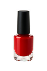 Obraz premium Bright red nail polish in a clear glass bottle with a black cap