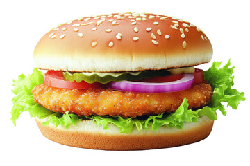 Crispy Chicken Burger with Fresh Veggies on white background