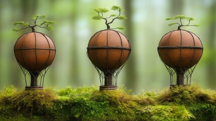 Miniature Vintage Hot Air Balloons with Bonsai Trees, a Forest Scene