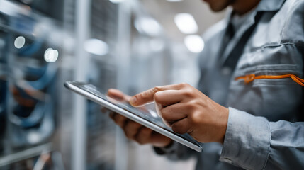 Engineers in a control room use a tablet to troubleshoot systems with AI assisted diagnostics server racks in the background neutral uniforms with generic patches critical infra