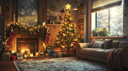 クリスマスツリーが輝くリビングルーム