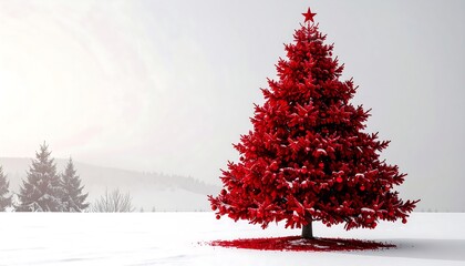 Red Christmas tree in snowy landscape