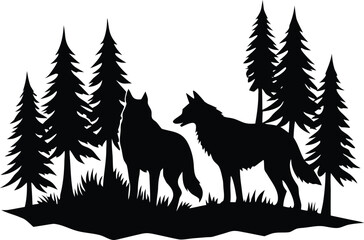 Wolfs Silhouette vector illustration in Forest