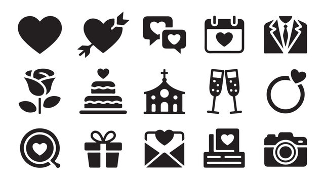 Collection of wedding related icons including heart ring cake champagne and other celebration items