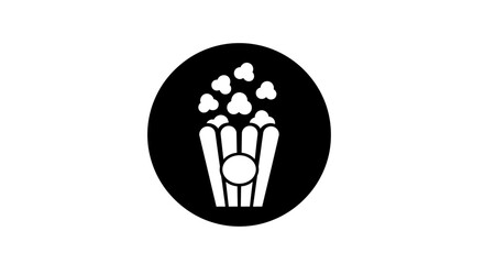 Popcorn icon in a black circle representing cinema and movies entertainment.