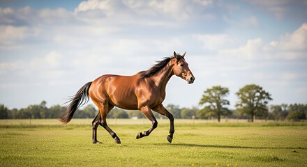 Brown Horse Running in Green Field Under Blue Sky with Clouds