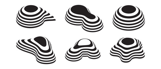 Set of abstract 3d striped shapes with optical illusion effect. Black and white organic forms with 3d effect. Modern retro graphic design elements.