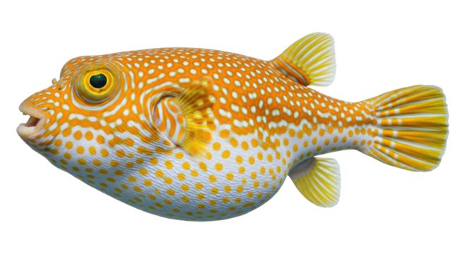 Isolated balloonfish or blowfish with orange markings swims in clear water, up close
