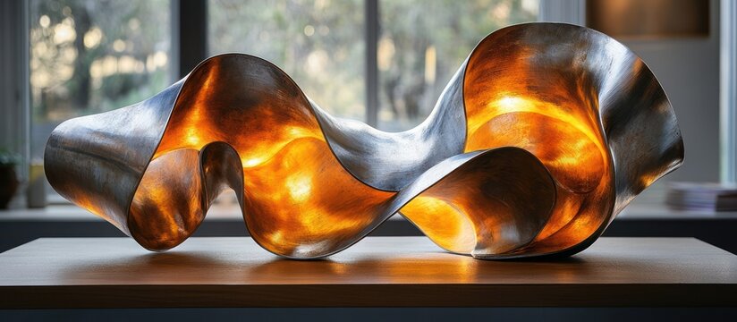 Illuminated abstract metal sculpture with flowing, wavy form.