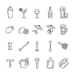 A collection of line art icons depicting various bar tools, cocktail ingredients, and alcoholic beverages such as shakers, glasses, lemons, limes, beer, wine, and spirits.