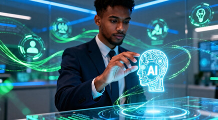 Big data analyst, African American man in a suit interacts with a futuristic holographic AI interface in a modern office, surrounded by digital visualizations and circuit patterns