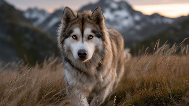 Majestic husky in mountain landscape at sunset with snow-capped peaks - Powered by Adobe