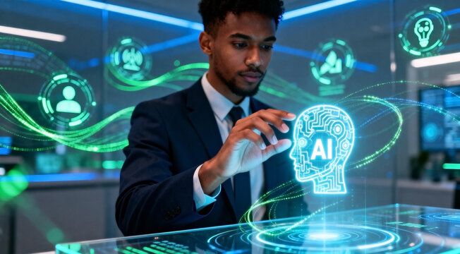 Big data analyst, African American man in a suit interacts with a futuristic holographic AI interface in a modern office, surrounded by digital visualizations and circuit patterns