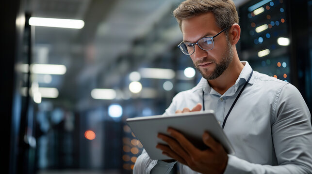 An engineer in a data center configures hardware for AI tasks screens showing workload metrics server racks buzzing a tablet with diagnostic tools nearby AI hardware