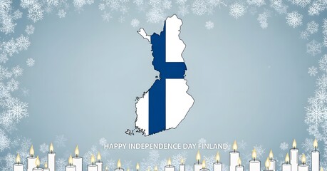 Map of finland with finnish flag overlay on snowy winter background