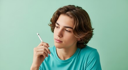 Thoughtful young man with brown wavy hair holding a white stylus, looking away pensively against a plain mint green background.
