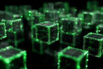 Futuristic green glowing cubes with digital matrix aesthetic and abstract geometric design
