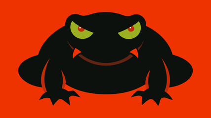 Stylish illustration of a black toad or frog with red eyes on a bright red background, evoking menace and tension