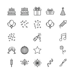Collection of simple line art icons representing party and celebration elements.