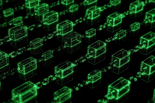 Digital blockchain network displaying glowing green blocks in abstract pattern