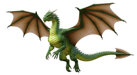 Isolated green dragon with wings spread, fantasy creature, mythological being ready to fly