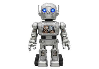 Futuristic silver robot with glowing blue eyes standing on a white background, showcasing advanced technology
