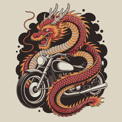 Fiery Dragon Wrapped Around Motorcycle Vector Illustration
