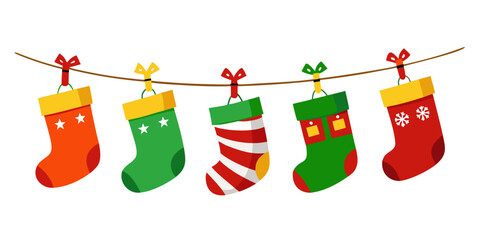 Festive Christmas Stockings Hanging on a String Holiday Decoration Illustration