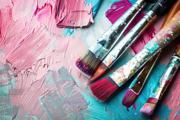 Fototapeta premium Close-up of paintbrushes resting on a palette with vibrant, textured paint strokes in various pastel shades of pink, blue, and purple