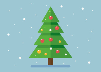 Stylized Christmas Tree with Ornaments and Snow on a Light Blue Background