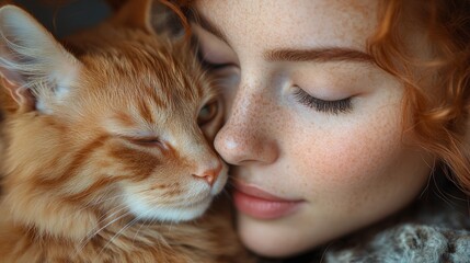 Young caucasian female with freckles cuddling ginger cat in close-up portrait