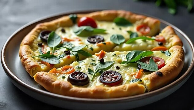 Italian frittata baked with vegetables, cheese, and herbs sliced into wedges on ceramic plate 