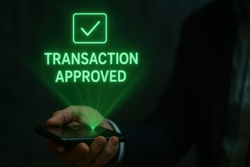 Holographic Transaction Approved Message on Smartphone Displaying Digital Payment Confirmation.
