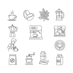 Line art icons depicting various coffee-related items and processes, including brewing equipment, ingredients, and a barista preparing a drink.