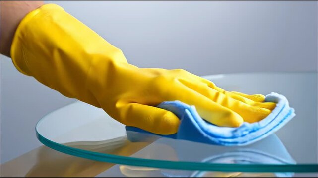 Cleaning a Glass Table With a Cloth and Yellow Rubber Gloves for a Spotless Shine