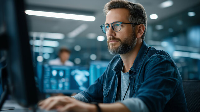 A cybersecurity engineer mitigates attempted DDoS attacks using AI driven defense tools dashboards visualizing network traffic and resilience metrics secure infrastructure