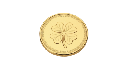 Isolated Gold Four-Leaf Clover Coin, lucky charm for St Patrick's Day, symbol of Irish culture